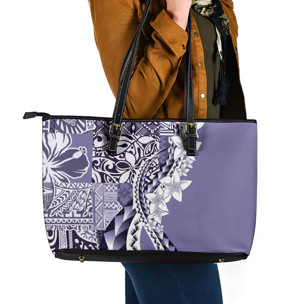 Aloha Vintage Plumeria Hawaiian Tapa Pattern Leather Tote Bag Purple Hawaiian Tapa Pattern - Polynesian Pride