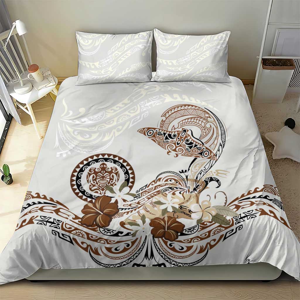 Polynesian Manta Ray Bedding Set Beige Floral Turtle Tattoo - Polynesian Pride