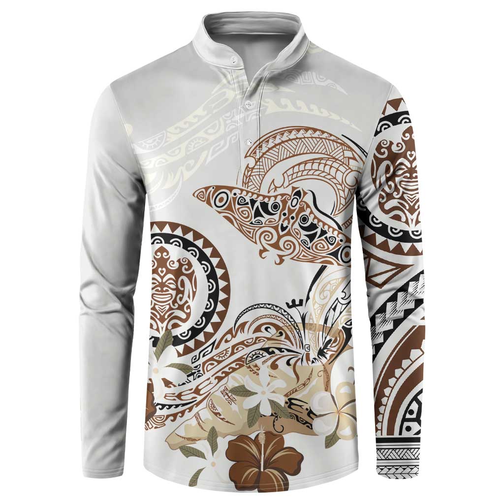Polynesian Manta Ray Button Sweatshirt Beige Floral Turtle Tattoo - Polynesian Pride