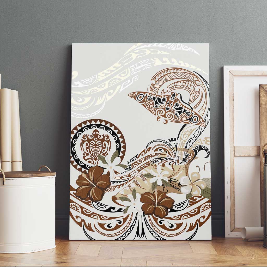 Polynesian Manta Ray Canvas Wall Art Beige Floral Turtle Tattoo - Polynesian Pride
