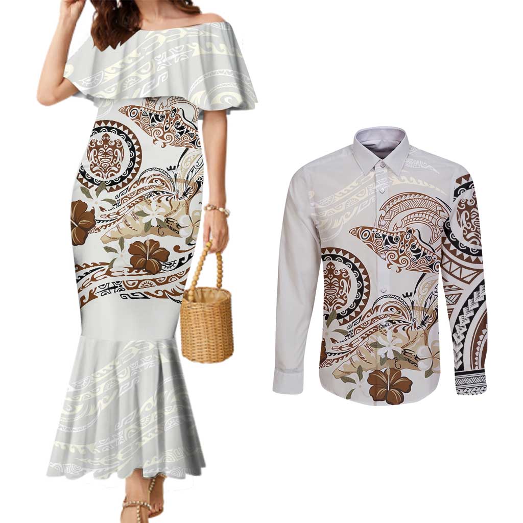 Polynesian Manta Ray Couples Matching Mermaid Dress and Long Sleeve Button Shirt Beige Floral Turtle Tattoo - Polynesian Pride
