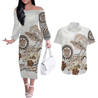 Polynesian Manta Ray Couples Matching Off The Shoulder Long Sleeve Dress and Hawaiian Shirt Beige Floral Turtle Tattoo - Polynesian Pride