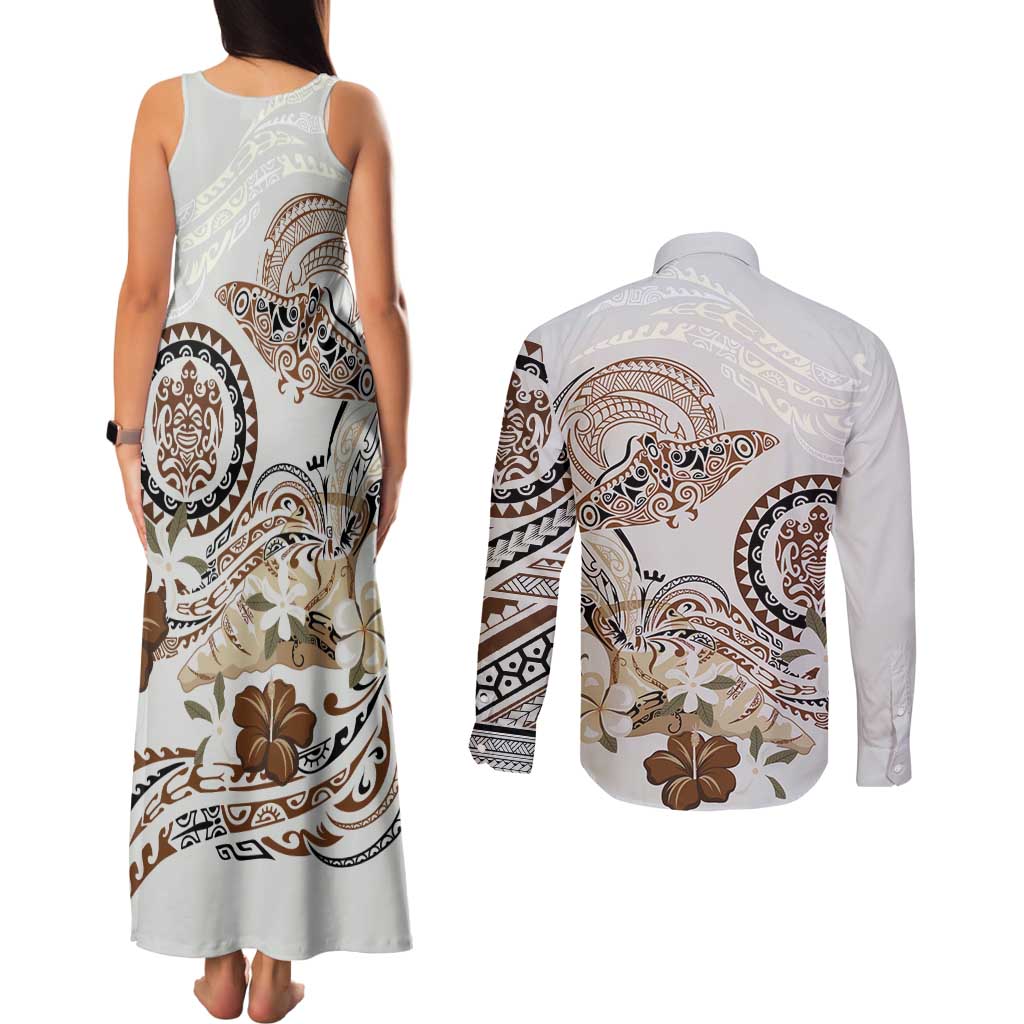 Polynesian Manta Ray Couples Matching Tank Maxi Dress and Long Sleeve Button Shirt Beige Floral Turtle Tattoo - Polynesian Pride