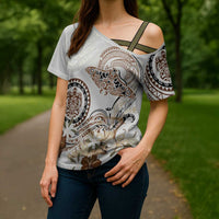 Polynesian Manta Ray Cross Shoulder Shirt Beige Floral Turtle Tattoo - Polynesian Pride