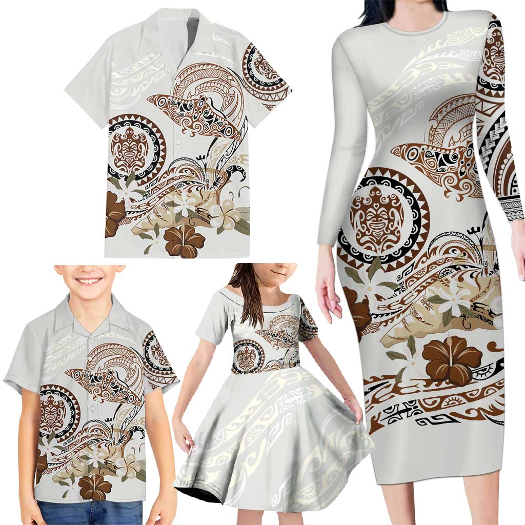 Polynesian Manta Ray Family Matching Long Sleeve Bodycon Dress and Hawaiian Shirt Beige Floral Turtle Tattoo - Polynesian Pride