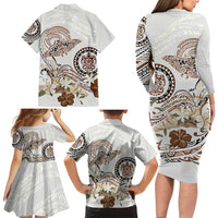Polynesian Manta Ray Family Matching Long Sleeve Bodycon Dress and Hawaiian Shirt Beige Floral Turtle Tattoo LT9 - Polynesian Pride