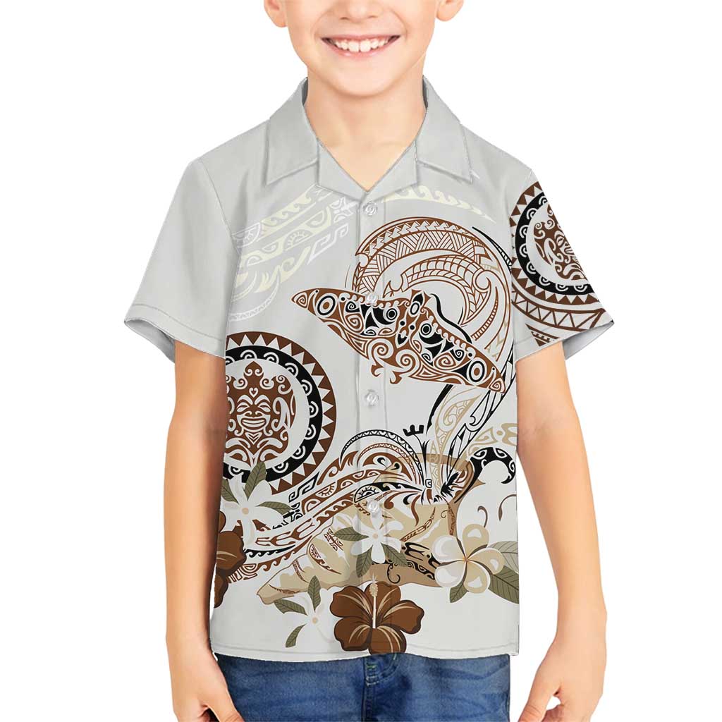 Polynesian Manta Ray Family Matching Long Sleeve Bodycon Dress and Hawaiian Shirt Beige Floral Turtle Tattoo LT9 Son's Shirt Beige - Polynesian Pride