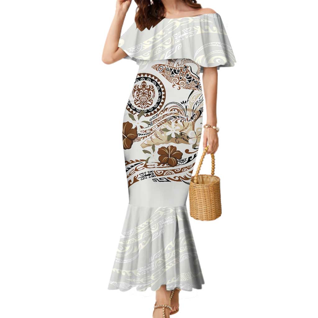 Polynesian Manta Ray Family Matching Mermaid Dress and Hawaiian Shirt Beige Floral Turtle Tattoo LT9 Mom's Dress Beige - Polynesian Pride