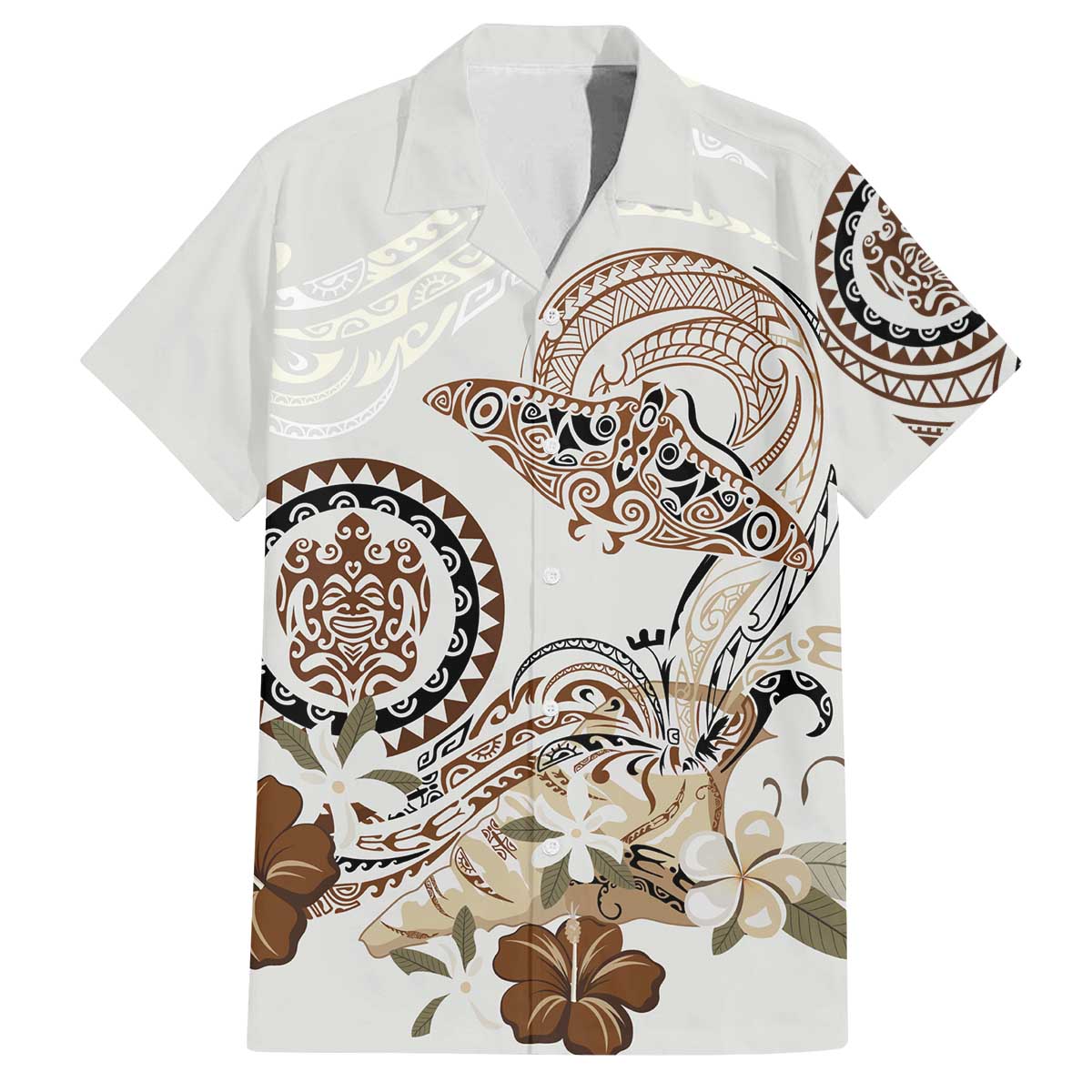 Polynesian Manta Ray Family Matching Off The Shoulder Long Sleeve Dress and Hawaiian Shirt Beige Floral Turtle Tattoo - Polynesian Pride