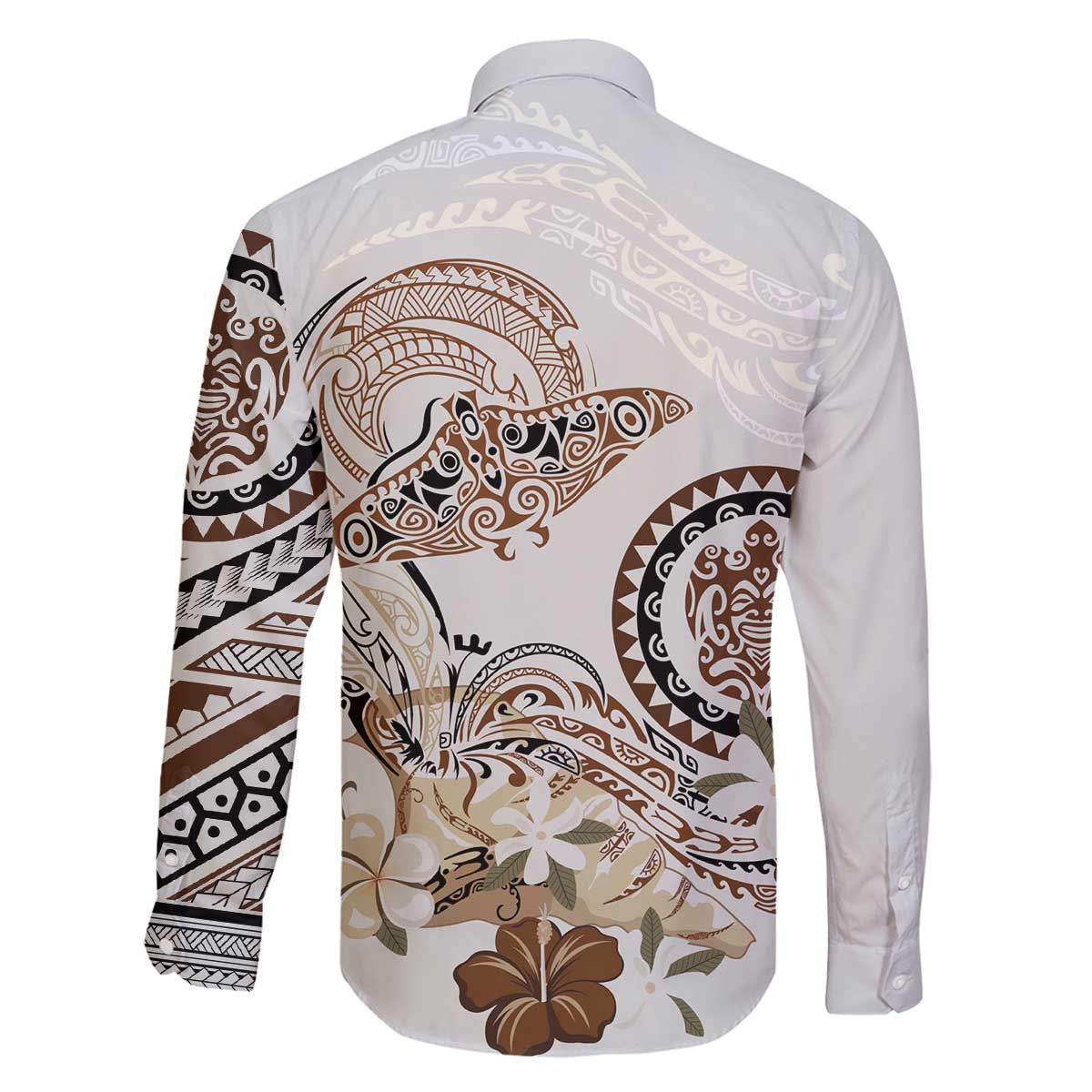Polynesian Manta Ray Family Matching Off The Shoulder Long Sleeve Dress and Hawaiian Shirt Beige Floral Turtle Tattoo - Polynesian Pride