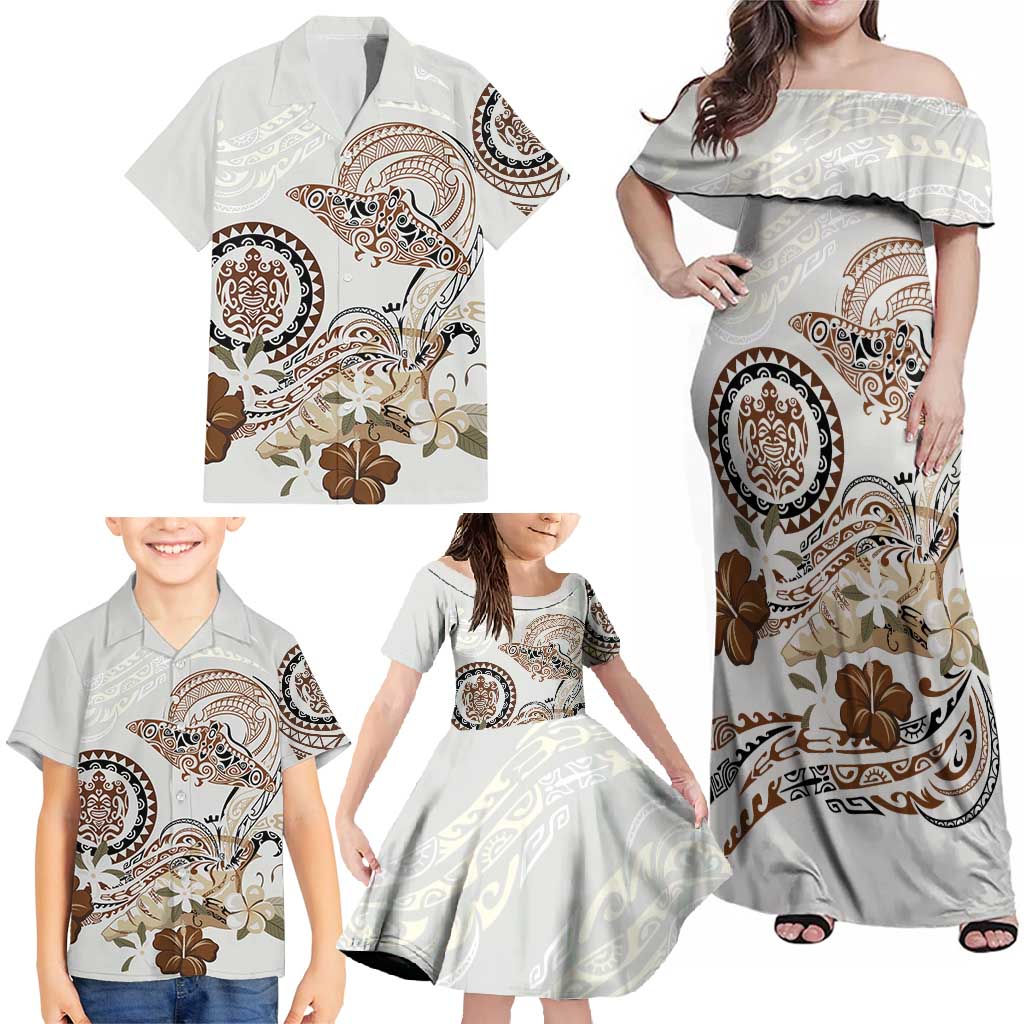 Polynesian Manta Ray Family Matching Off Shoulder Maxi Dress and Hawaiian Shirt Beige Floral Turtle Tattoo - Polynesian Pride