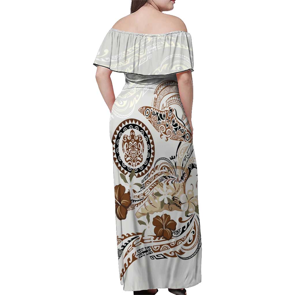 Polynesian Manta Ray Family Matching Off Shoulder Maxi Dress and Hawaiian Shirt Beige Floral Turtle Tattoo - Polynesian Pride