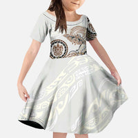 Polynesian Manta Ray Family Matching Short Sleeve Bodycon Dress and Hawaiian Shirt Beige Floral Turtle Tattoo LT9 Daughter's Dress Beige - Polynesian Pride