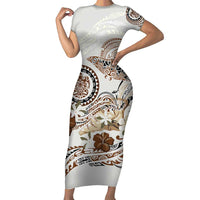 Polynesian Manta Ray Family Matching Short Sleeve Bodycon Dress and Hawaiian Shirt Beige Floral Turtle Tattoo LT9 Mom's Dress Beige - Polynesian Pride