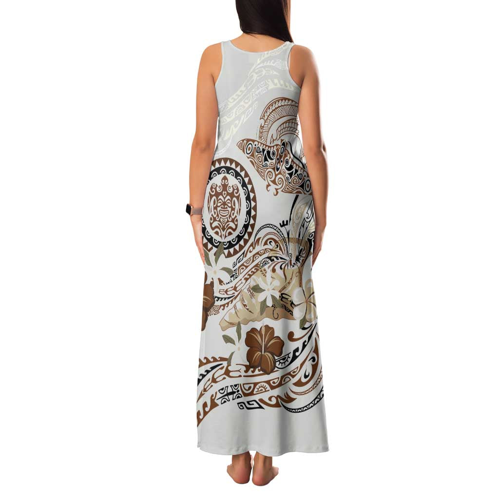 Polynesian Manta Ray Family Matching Tank Maxi Dress and Hawaiian Shirt Beige Floral Turtle Tattoo - Polynesian Pride