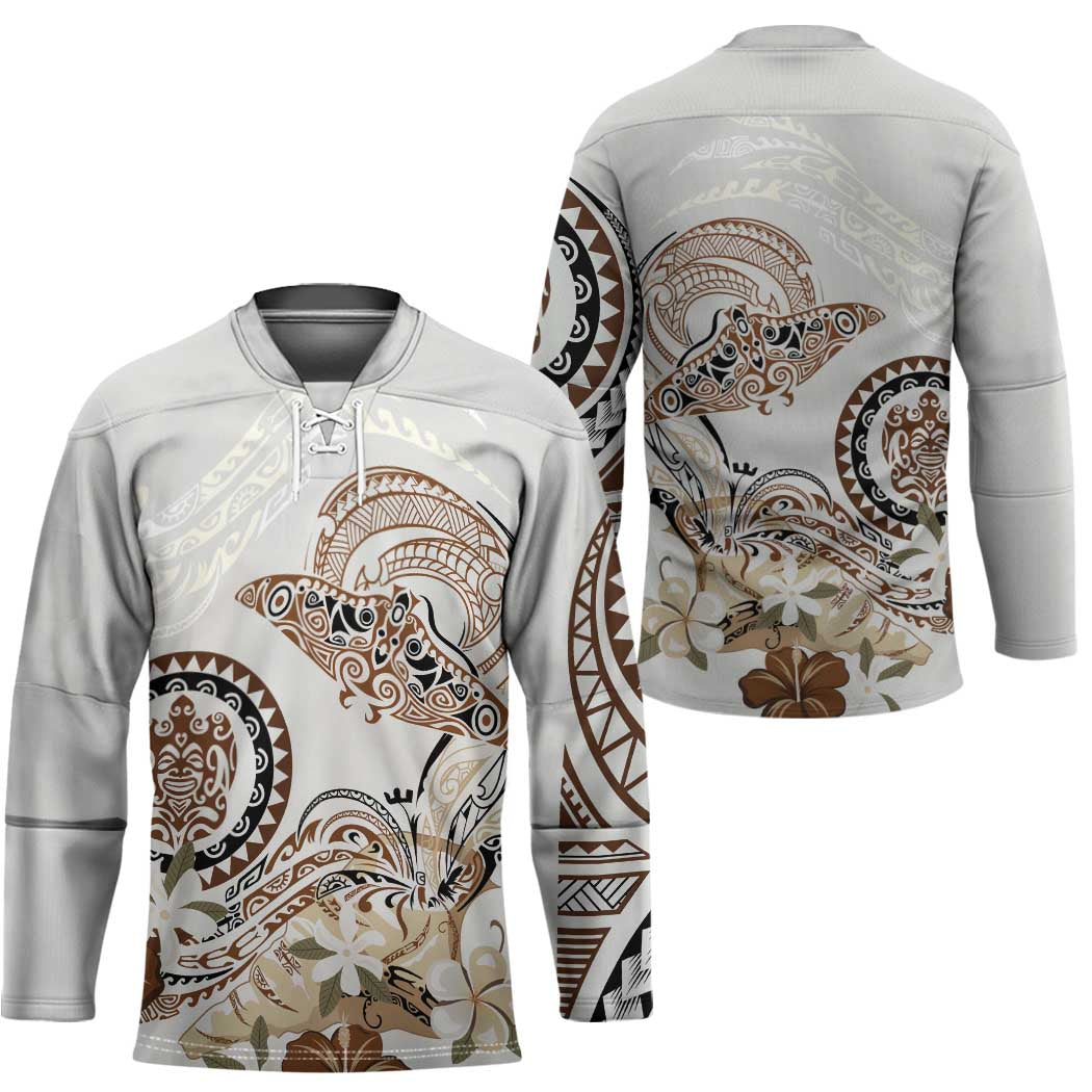 Polynesian Manta Ray Hockey Jersey Beige Floral Turtle Tattoo - Polynesian Pride