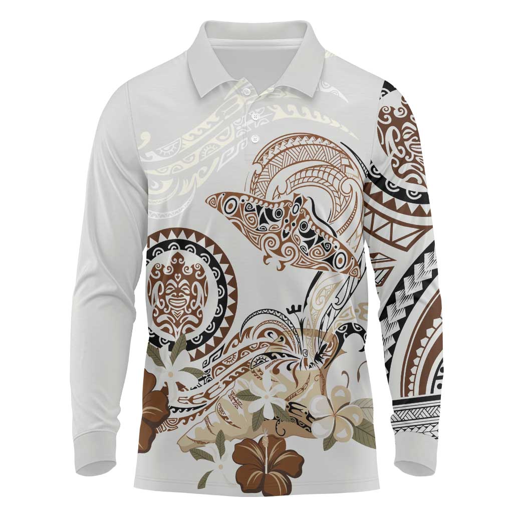 Polynesian Manta Ray Long Sleeve Polo Shirt Beige Floral Turtle Tattoo - Polynesian Pride