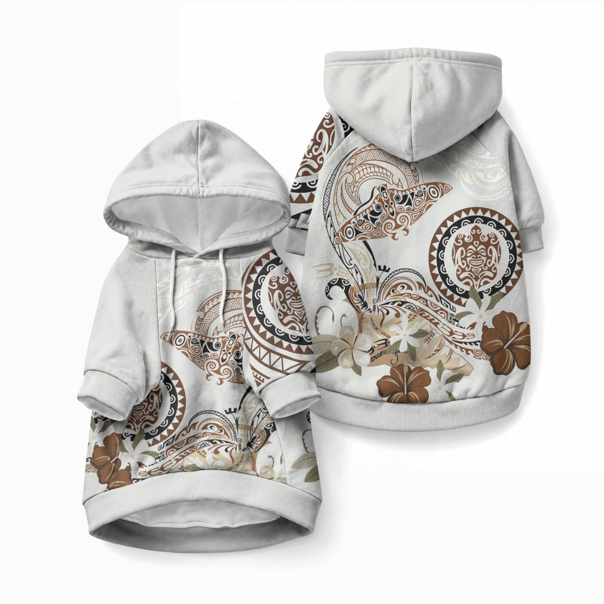 Polynesian Manta Ray Pet Hoodie Beige Floral Turtle Tattoo LT9 Pullover Beige - Polynesian Pride