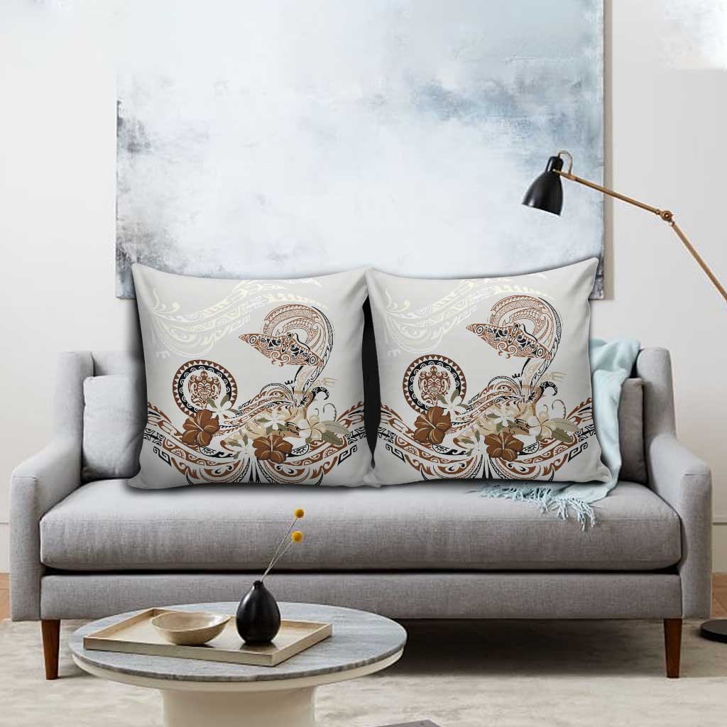 Polynesian Manta Ray Pillow Cover Beige Floral Turtle Tattoo - Polynesian Pride