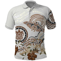Polynesian Manta Ray Polo Shirt Beige Floral Turtle Tattoo - Polynesian Pride