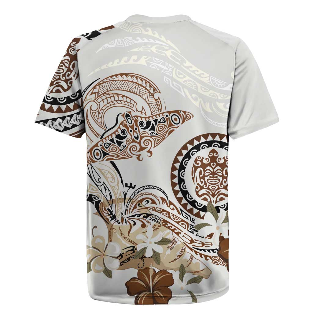 Polynesian Manta Ray Rugby Jersey Beige Floral Turtle Tattoo - Polynesian Pride
