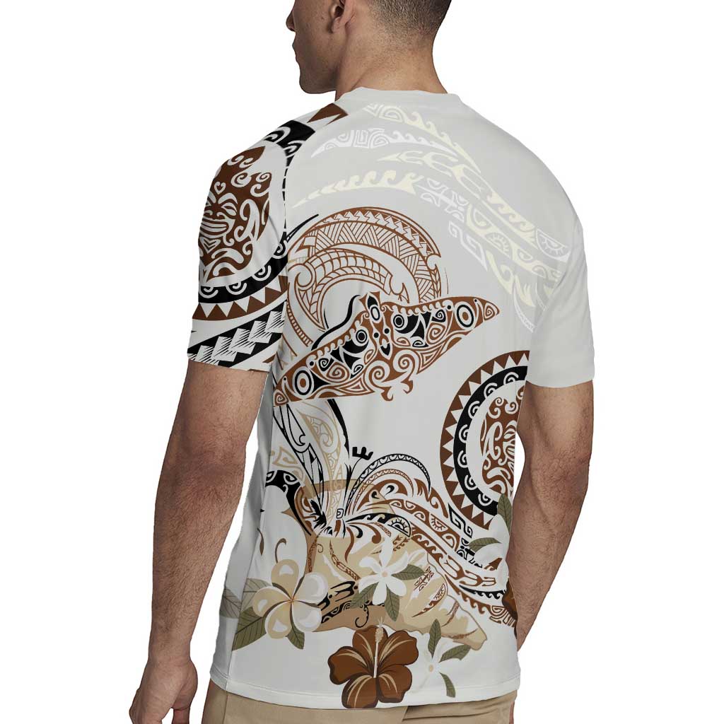 Polynesian Manta Ray Rugby Jersey Beige Floral Turtle Tattoo - Polynesian Pride