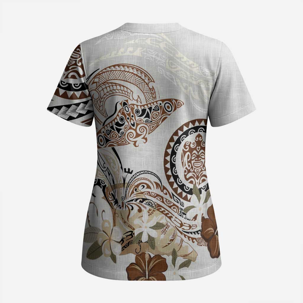 Polynesian Manta Ray Scrub Top Beige Floral Turtle Tattoo - Polynesian Pride