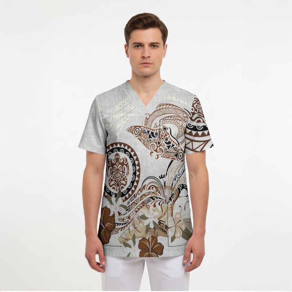 Polynesian Manta Ray Scrub Top Beige Floral Turtle Tattoo - Polynesian Pride