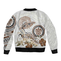 Polynesian Manta Ray Sleeve Zip Bomber Jacket Beige Floral Turtle Tattoo - Polynesian Pride