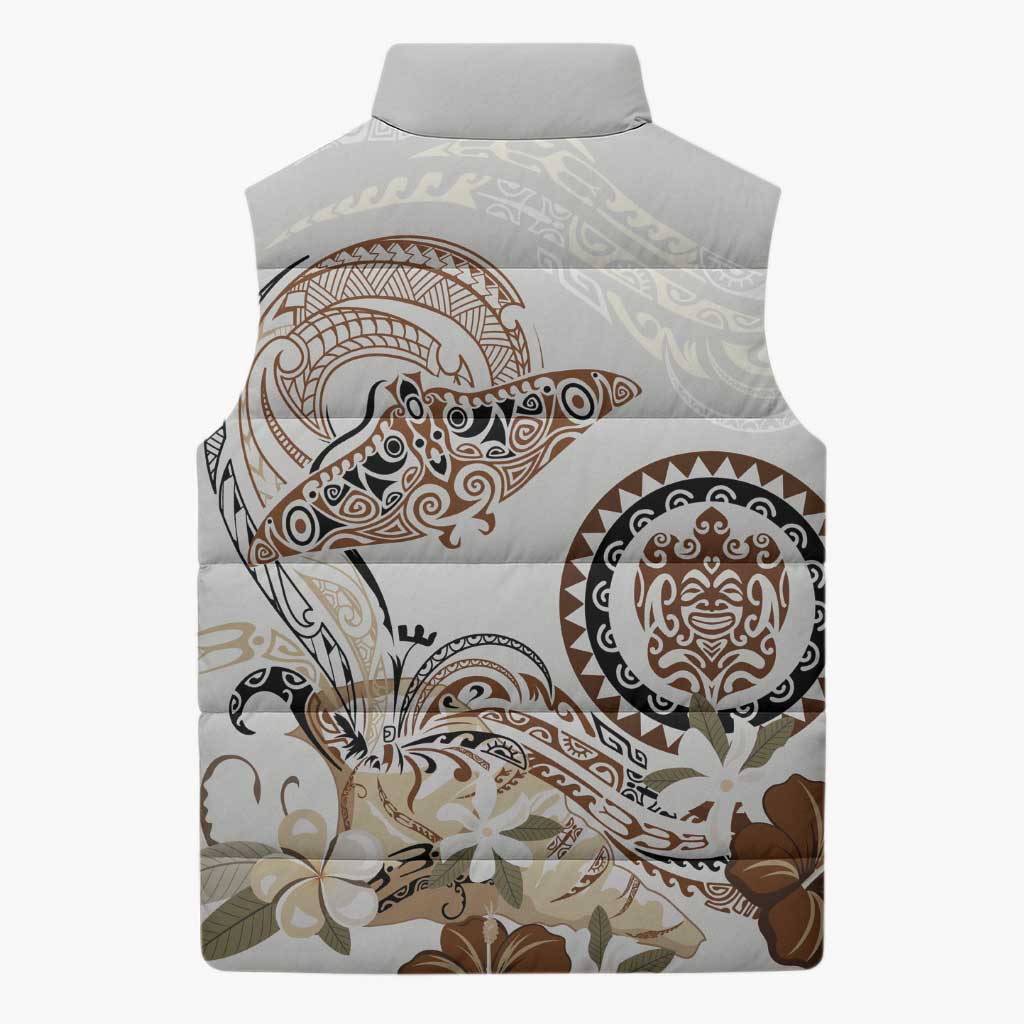Polynesian Manta Ray Sleeveless Puffer Jacket Beige Floral Turtle Tattoo - Polynesian Pride