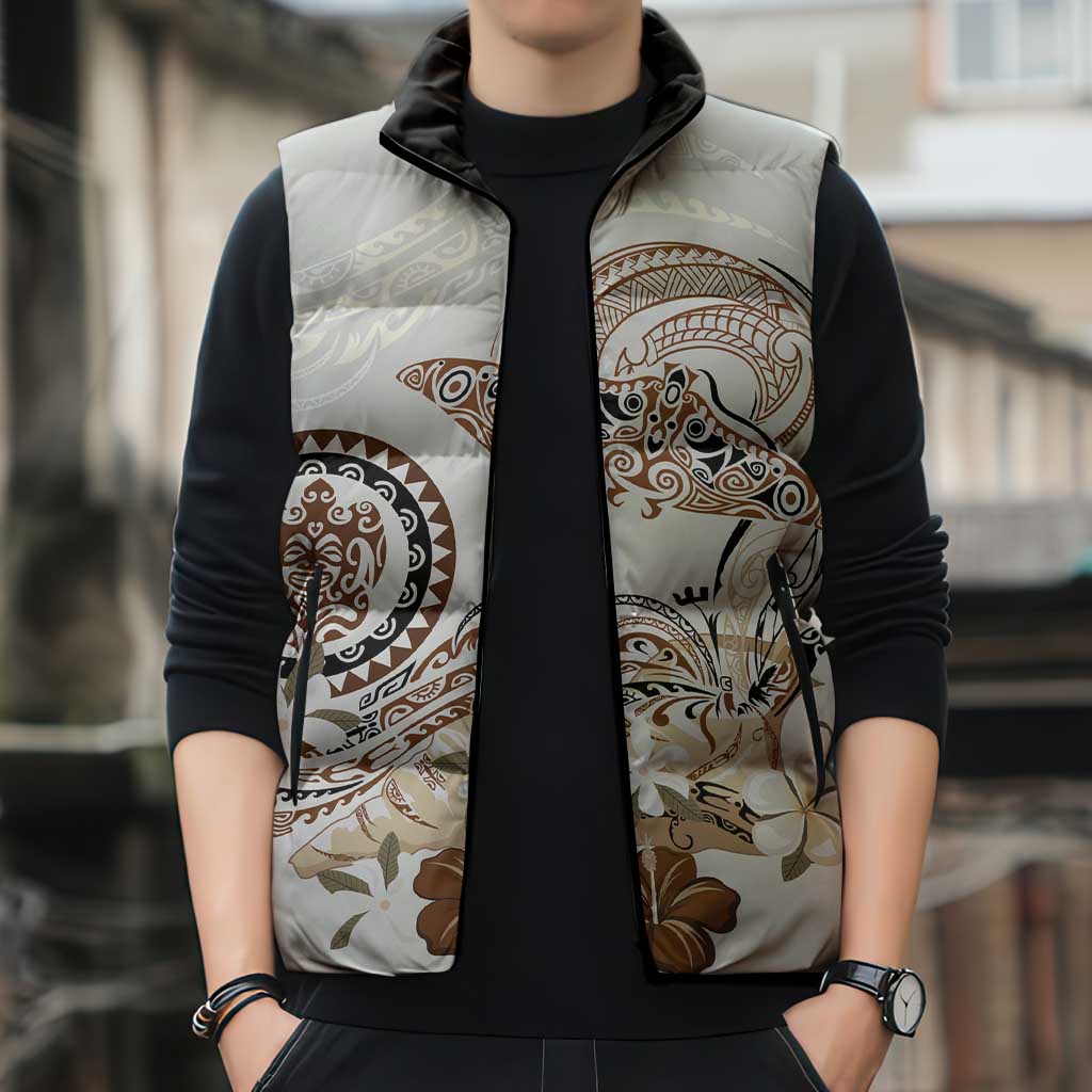 Polynesian Manta Ray Sleeveless Puffer Jacket Beige Floral Turtle Tattoo - Polynesian Pride