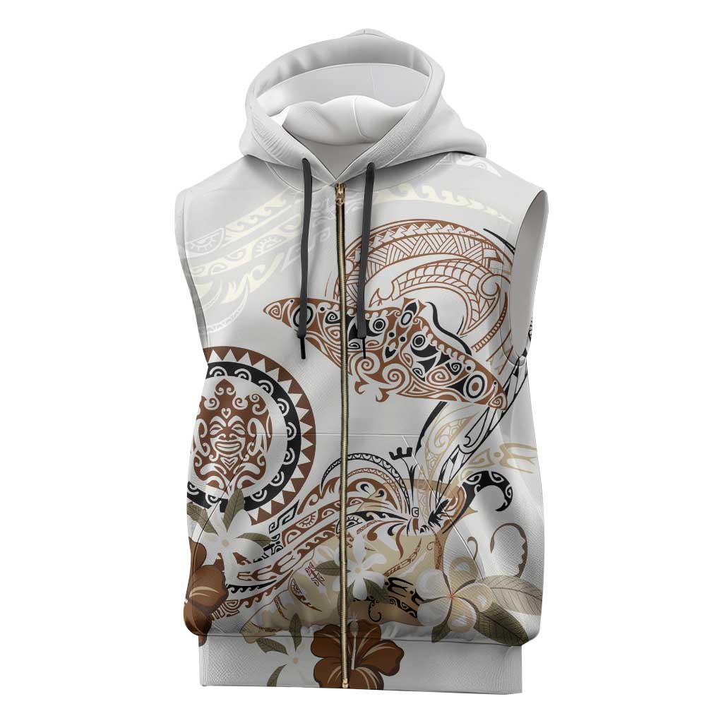 Polynesian Manta Ray Sleeveless Zip Hoodie Beige Floral Turtle Tattoo - Polynesian Pride