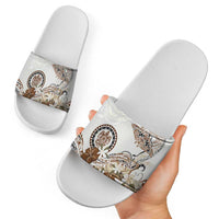 Polynesian Manta Ray Slide Sandals Beige Floral Turtle Tattoo - Polynesian Pride