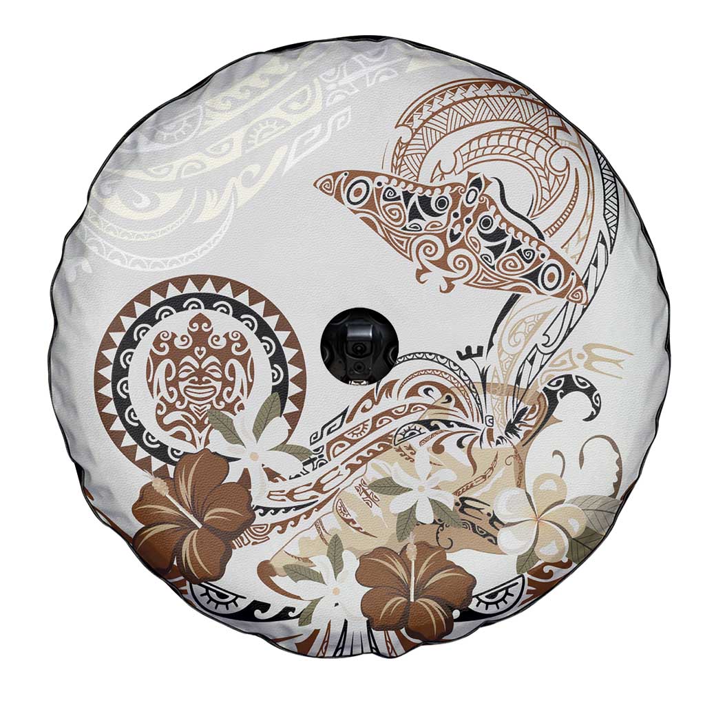 Polynesian Manta Ray Spare Tire Cover Beige Floral Turtle Tattoo - Polynesian Pride