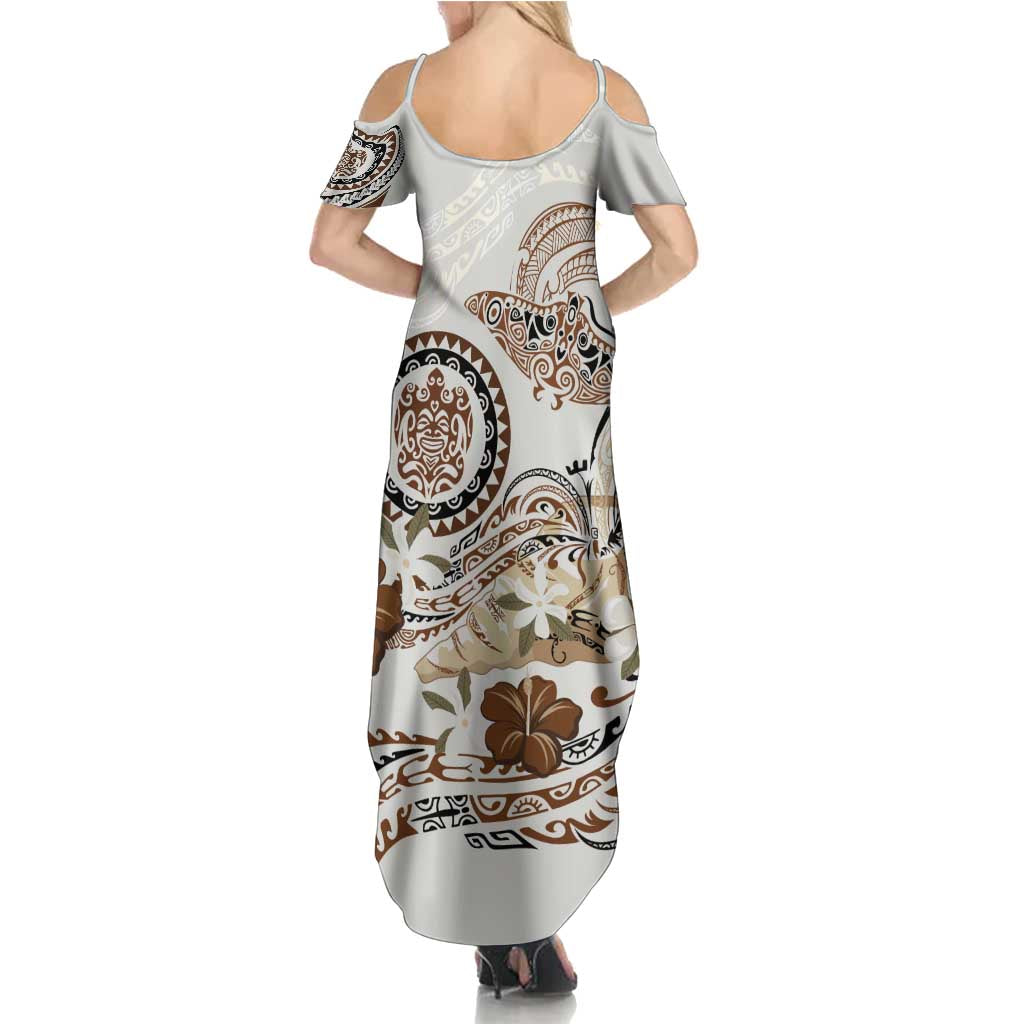 Polynesian Manta Ray Summer Maxi Dress Beige Floral Turtle Tattoo - Polynesian Pride