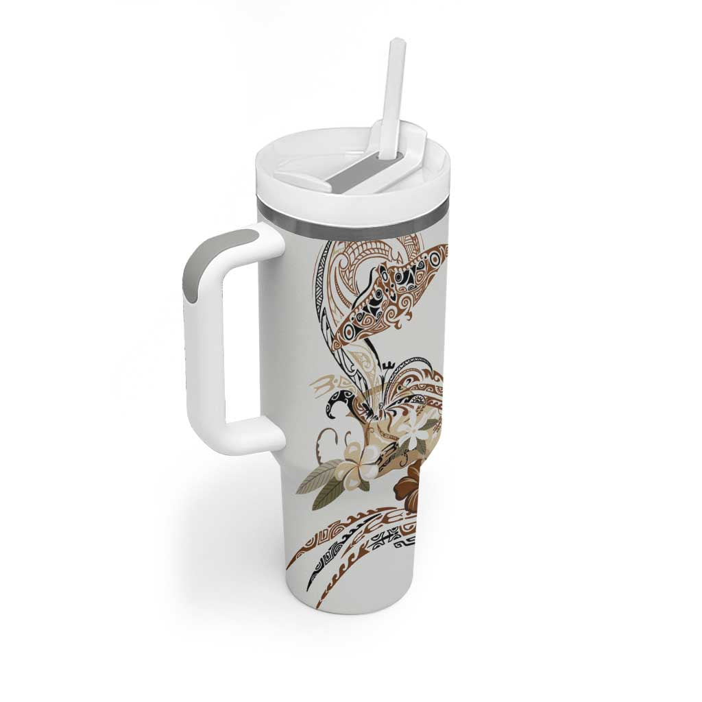 Polynesian Manta Ray Tumbler With Handle Beige Floral Turtle Tattoo - Polynesian Pride