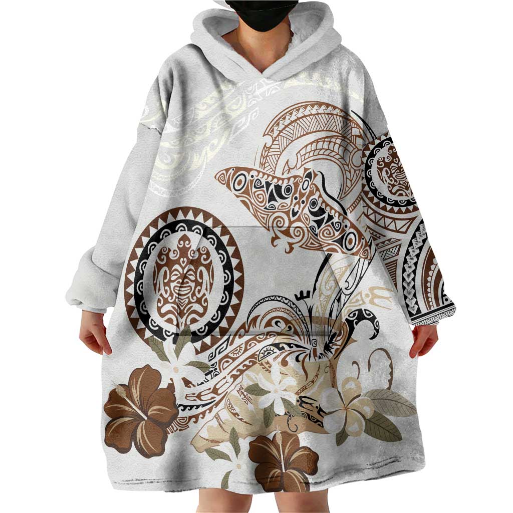 Polynesian Manta Ray Wearable Blanket Hoodie Beige Floral Turtle Tattoo - Polynesian Pride