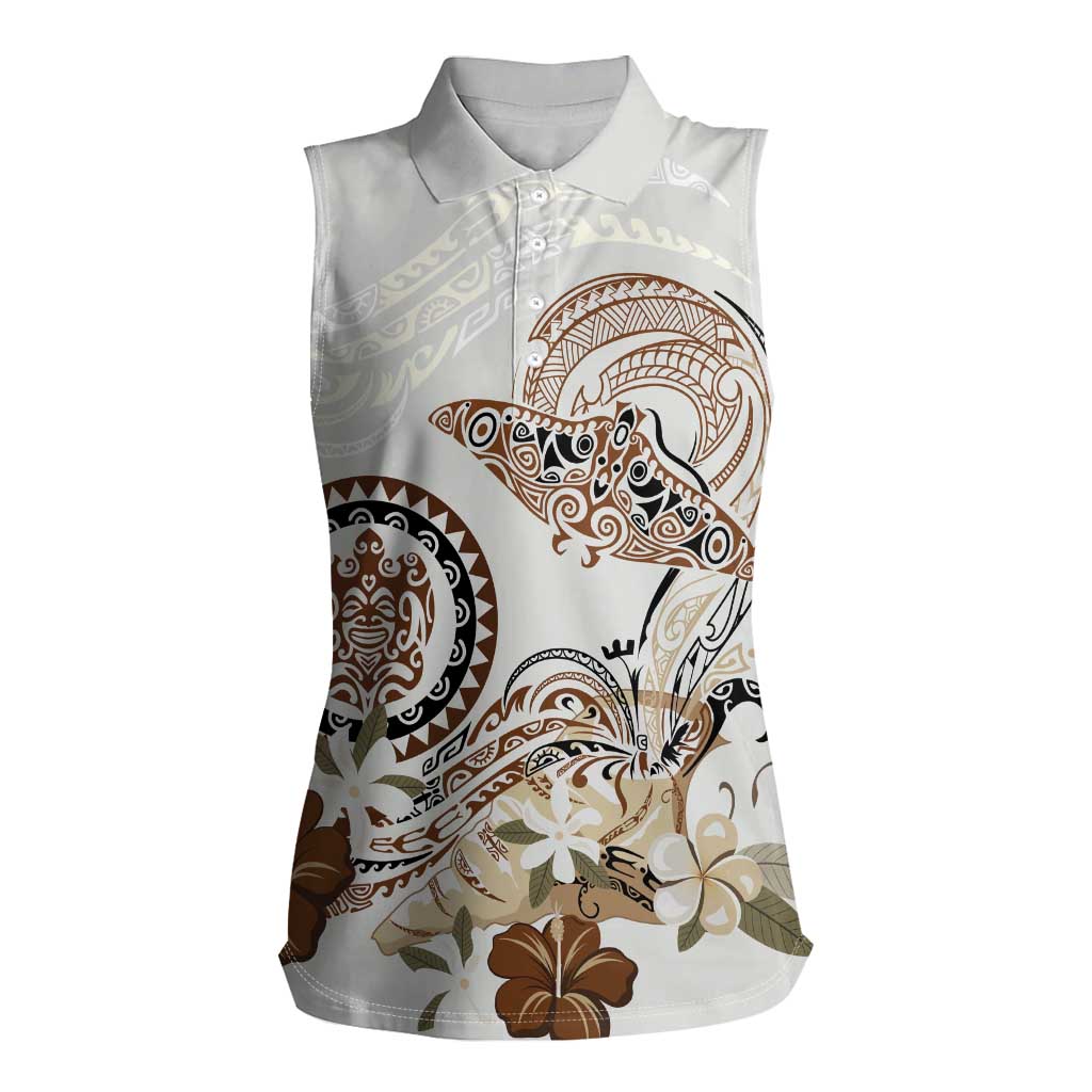 Polynesian Manta Ray Women Sleeveless Polo Shirt Beige Floral Turtle Tattoo - Polynesian Pride