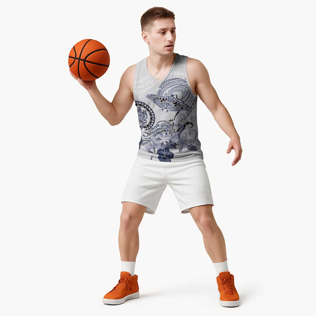 Polynesian Manta Ray Basketball Jersey Blue Floral Turtle Tattoo - Polynesian Pride