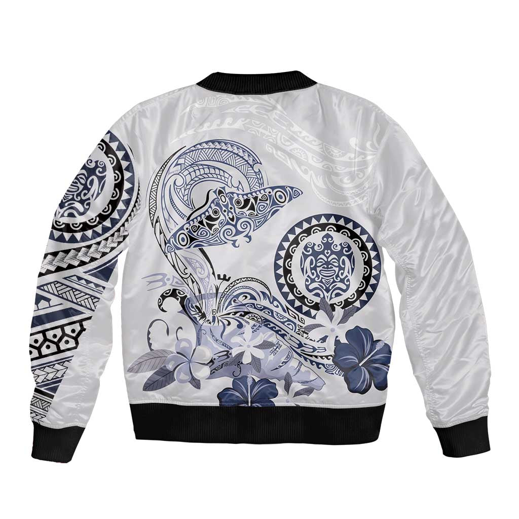 Polynesian Manta Ray Bomber Jacket Blue Floral Turtle Tattoo - Polynesian Pride