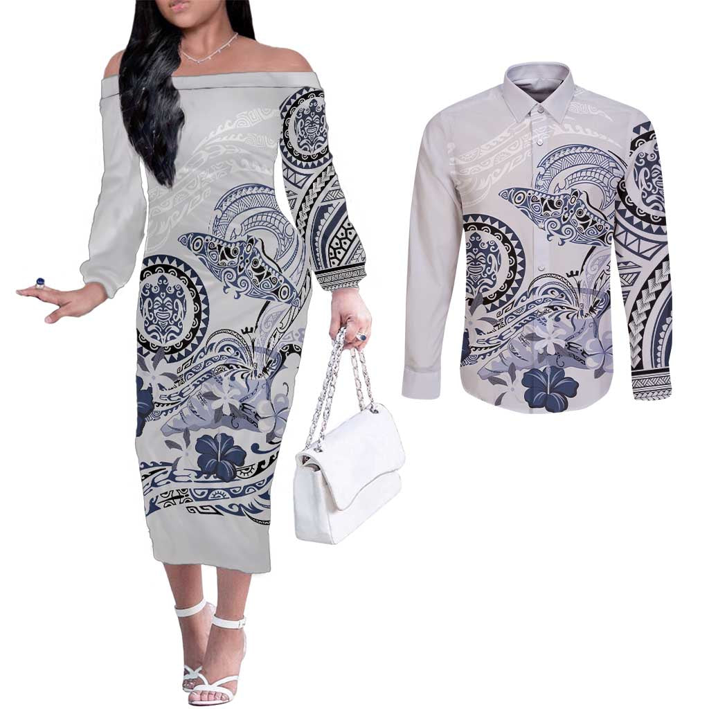 Polynesian Manta Ray Couples Matching Off The Shoulder Long Sleeve Dress and Long Sleeve Button Shirt Blue Floral Turtle Tattoo - Polynesian Pride