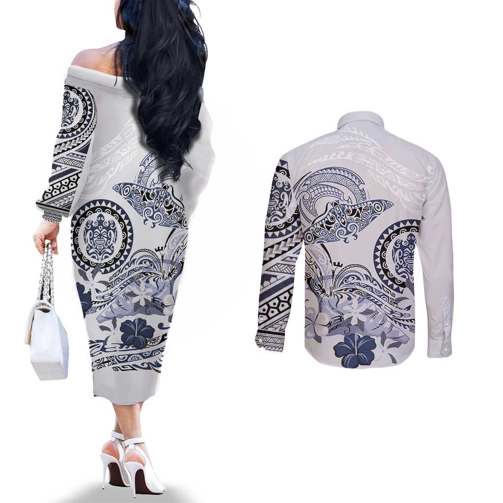 Polynesian Manta Ray Couples Matching Off The Shoulder Long Sleeve Dress and Long Sleeve Button Shirt Blue Floral Turtle Tattoo - Polynesian Pride