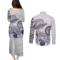 Polynesian Manta Ray Couples Matching Puletasi and Long Sleeve Button Shirt Blue Floral Turtle Tattoo LT9 - Polynesian Pride