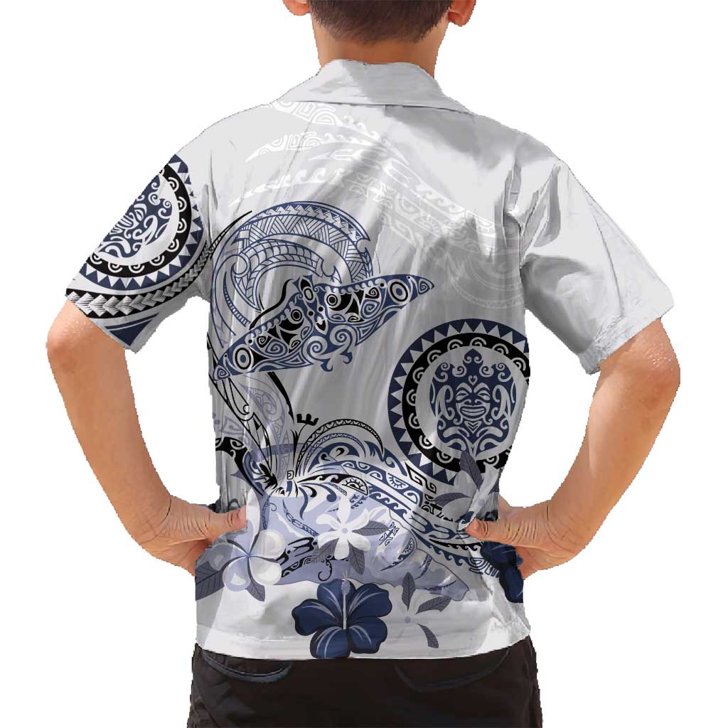 Polynesian Manta Ray Family Matching Long Sleeve Bodycon Dress and Hawaiian Shirt Blue Floral Turtle Tattoo LT9 - Polynesian Pride