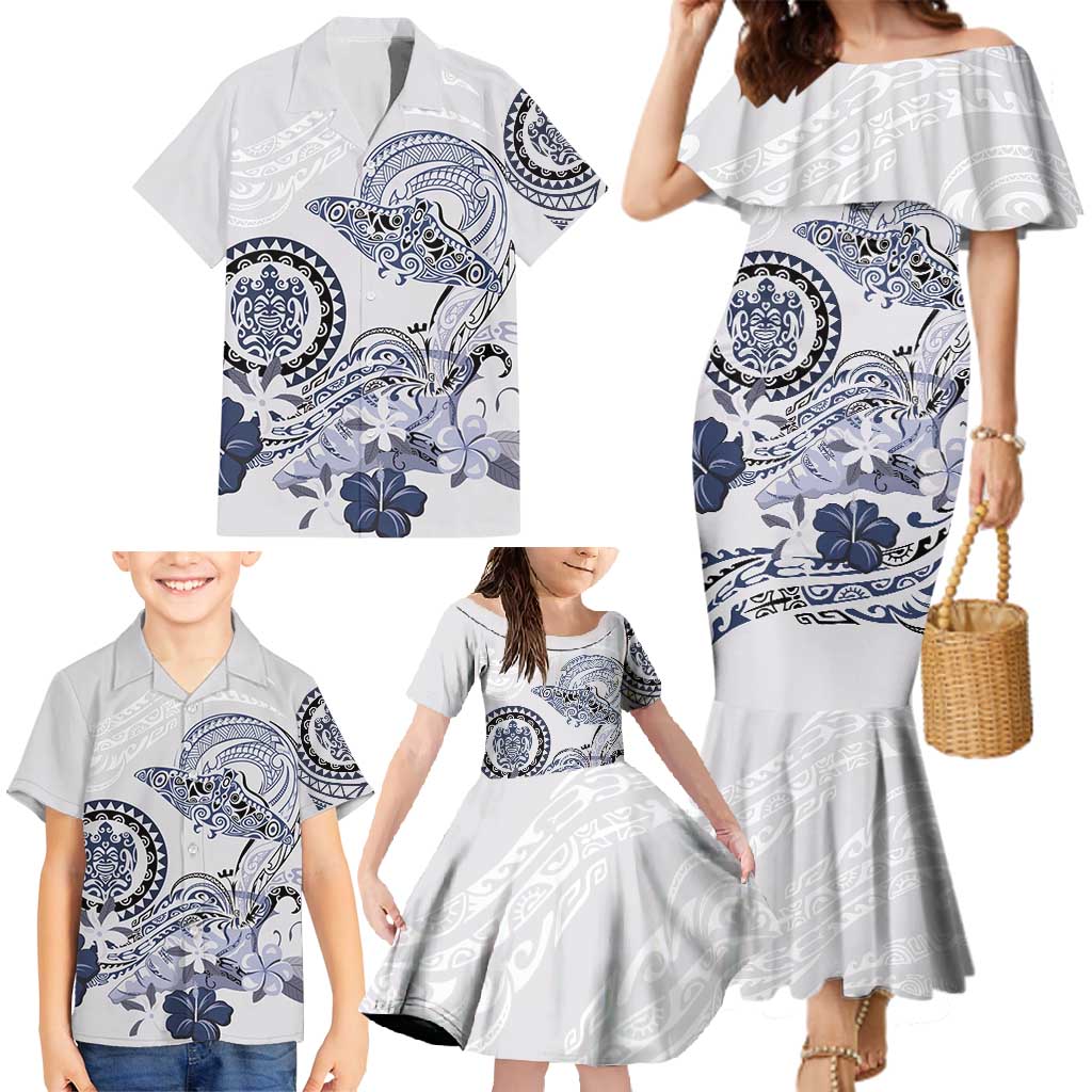 Polynesian Manta Ray Family Matching Mermaid Dress and Hawaiian Shirt Blue Floral Turtle Tattoo LT9 - Polynesian Pride