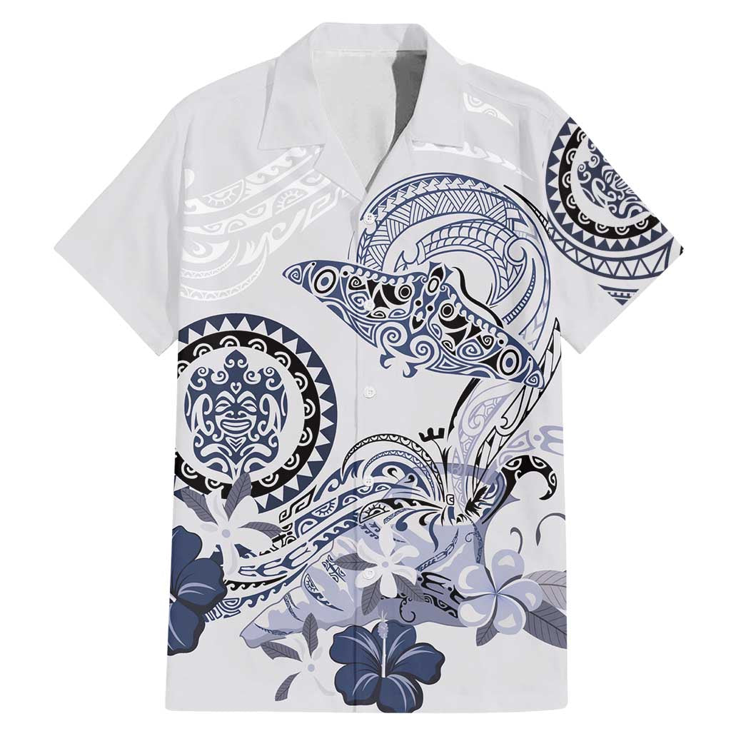 Polynesian Manta Ray Family Matching Mermaid Dress and Hawaiian Shirt Blue Floral Turtle Tattoo LT9 Dad's Shirt - Short Sleeve Blue - Polynesian Pride
