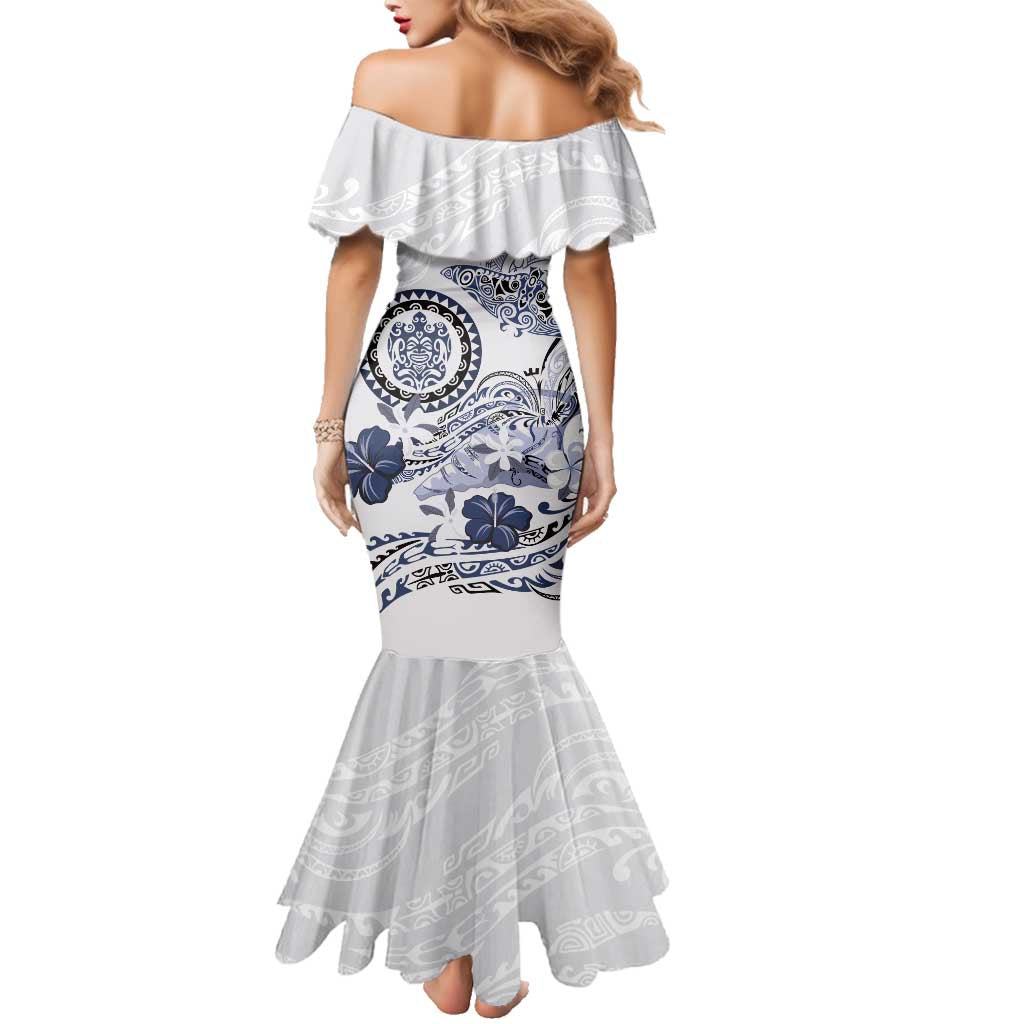 Polynesian Manta Ray Family Matching Mermaid Dress and Hawaiian Shirt Blue Floral Turtle Tattoo LT9 - Polynesian Pride
