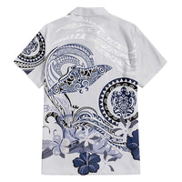 Polynesian Manta Ray Family Matching Off The Shoulder Long Sleeve Dress and Hawaiian Shirt Blue Floral Turtle Tattoo - Polynesian Pride