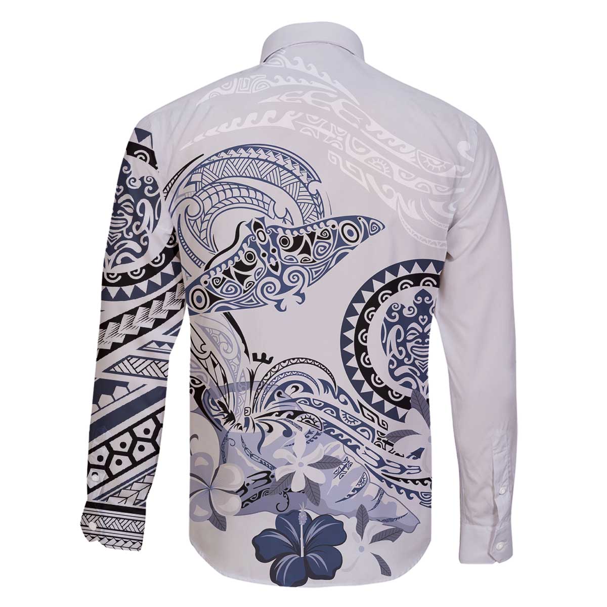 Polynesian Manta Ray Family Matching Off The Shoulder Long Sleeve Dress and Hawaiian Shirt Blue Floral Turtle Tattoo - Polynesian Pride