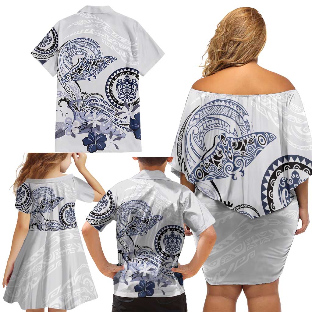 Polynesian Manta Ray Family Matching Off Shoulder Short Dress and Hawaiian Shirt Blue Floral Turtle Tattoo - Polynesian Pride